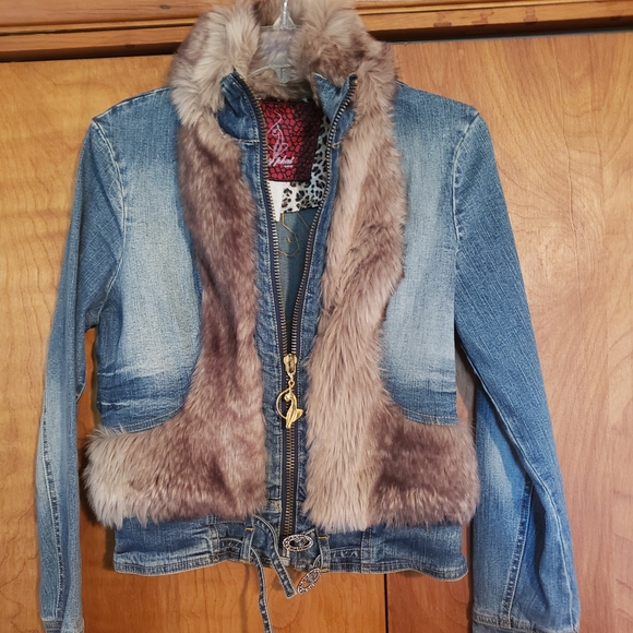 Baby Phat Jackets & Blazers - Baby Phat Y2K Blue Denim Jacket with Taupe Faux Fur Trim, RARE Item!